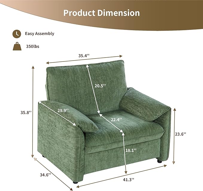 Oversized Accent Chair, 41 inch Modern Armchair for Living Room, Wide Reading Chair w/Deep Seat Springs Cushion, Padded Arms, Chenille Single Sofa Chair for Bedroom, Apartment, Green