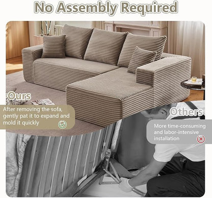 107" Cloud Sectional Couch with L-Shape Chaise, Modern Modular Comfy Sofa Chaise Longue, Upholstered Corduroy Couches Sleeper with Deep Seat for Living Room Bedroom, No Assembly Required, Camel