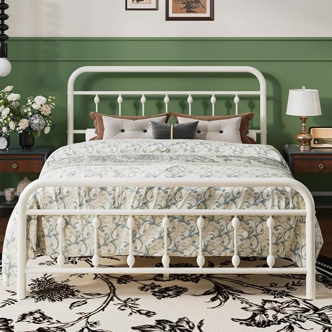 SHA CERLIN Full Size Metal Platform Bed Frame with Victorian Style Iron-Art Headboard and Footboard, Easy Assembly, Under Bed Storage, No Box Spring Required, Off White
