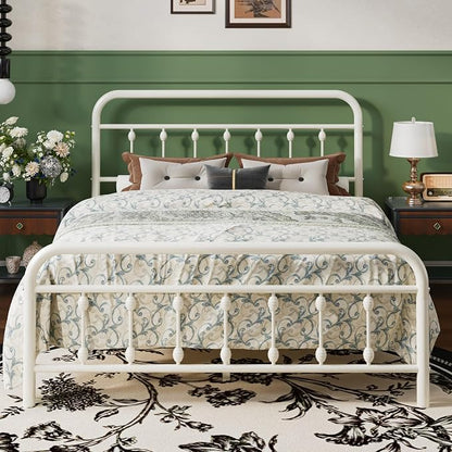 SHA CERLIN Full Size Metal Platform Bed Frame with Victorian Style Iron-Art Headboard and Footboard, Easy Assembly, Under Bed Storage, No Box Spring Required, Off White