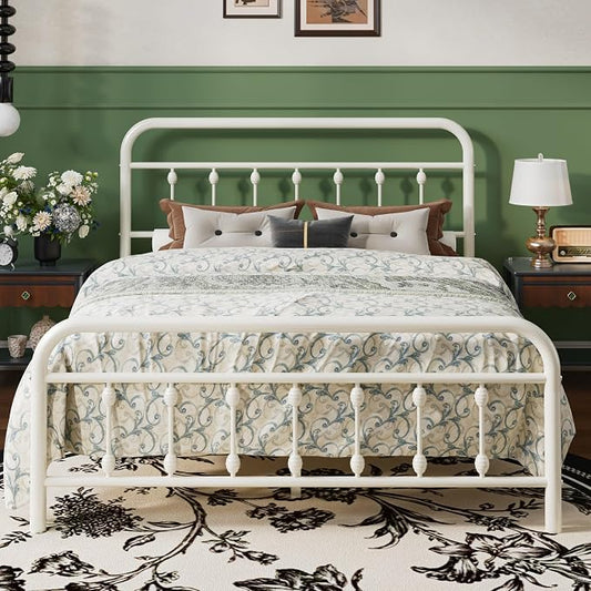 SHA CERLIN Full Size Metal Platform Bed Frame with Victorian Style Iron-Art Headboard and Footboard, Easy Assembly, Under Bed Storage, No Box Spring Required, Off White