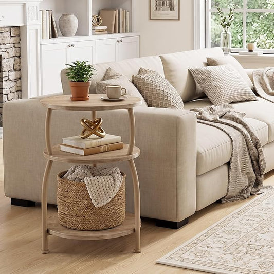 Round Side Table, 3-Tier End Table with Storage Shelf, 15.7" Wide Nightstand for Small Spaces, Tall Sofa Table Capable of Holding Laptops & Lamps, Bedside Table for Bedroom & Living Room, Oak