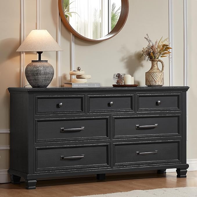 SAVOR LIFE Farmhouse Bedroom Dresser and Nightstand Set 3, 5/7 Drawer Dresser & 2 Drawer Nightstand Set, Rustic Wood Bedroom Furniture Set 3 for Home, Hallway, Black