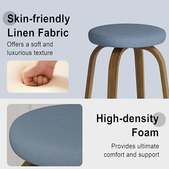 Bar Stools Set of 2, Counter Height Backless Bar Stools, 26" Swivel Barstools Kitchen Chair with Upholstered Fabric Seat, Blue