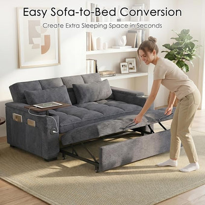 65'' Sleeper Sofa Bed, Pull Out Couch with 360° Swivel Side Table | USB Port | Cup Holder | Adjustable Backrest, Loveseat Corduroy Fabric for Living Room, Apartment, Office (Darkgray)