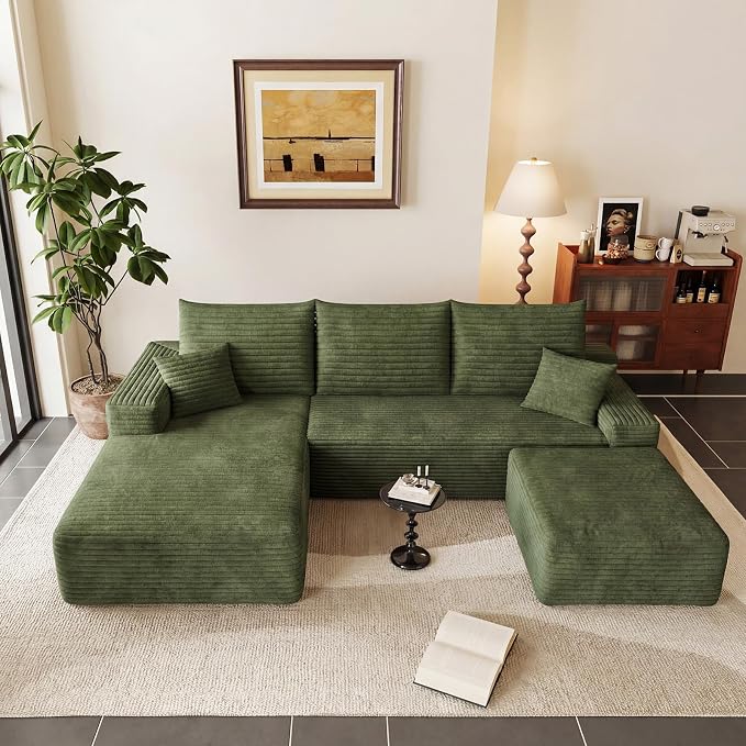 95" Cloud Sectional Couch U-Shaped Chaise with Ottoman, Corduroy Boneless Couch for Living Room Bedroom, Deep-Seat Upholstered Modular Cloud Sofa, No Assembly Required (Green, Left Facing Chaise)