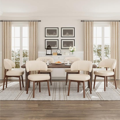 MALOL Wooden Dining Chairs Set of 6, Modern Upholstered Dining Room Chair, PU Leather Kitchen Side Chairs with Curved Open Back for Living Room/Restaurant/Cafe, Beige