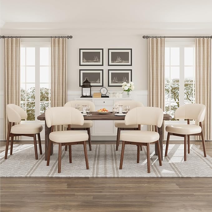 MALOL Wooden Dining Chairs Set of 2, Modern Upholstered Dining Room Chair, PU Leather Kitchen Side Chairs with Curved Open Back for Living Room/Restaurant/Cafe, Beige