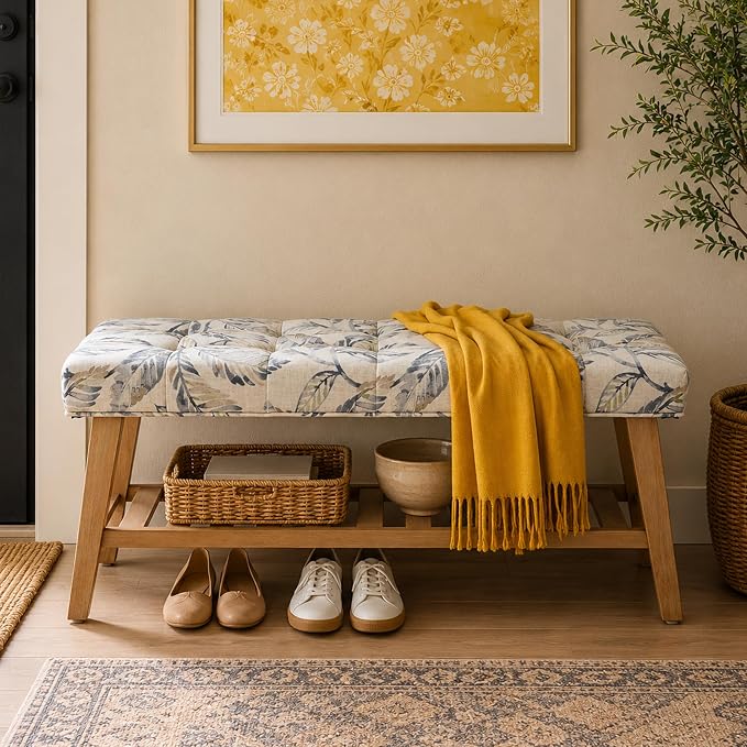 Kmax Entryway Bench with Shoe Storage, Upholstered Wood Storage Bench for Living Room Window Bench with Storage for Bedroom End of Bed - Linen, Floral Pattern