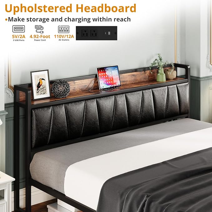 LIKIMIO California King Size Bed Frame with 2 Drawers and Charging Station | Platform Bed with Upholstered Storage Headboard, No Box Spring Needed, Easy Assembly, Sturdy, Vintage Brown and Black