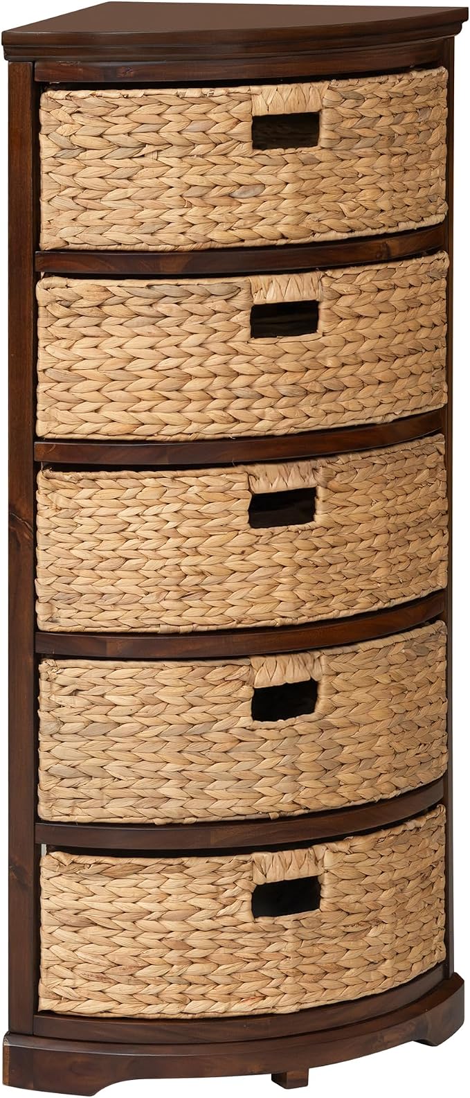 eHemco Hampton Meadows 5 Tier X-Side Corner Storage Cabinet, Walnut | 5 Wicker Baskets