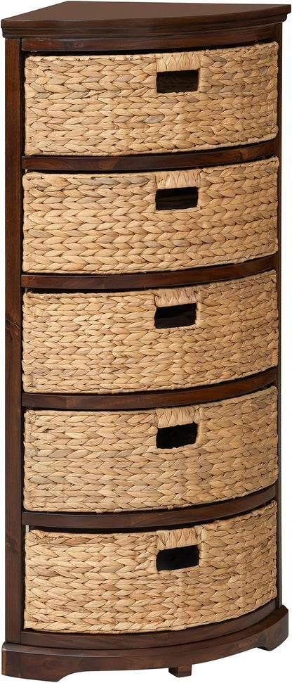 eHemco Hampton Meadows 5 Tier X-Side Corner Storage Cabinet, Walnut | 5 Wicker Baskets
