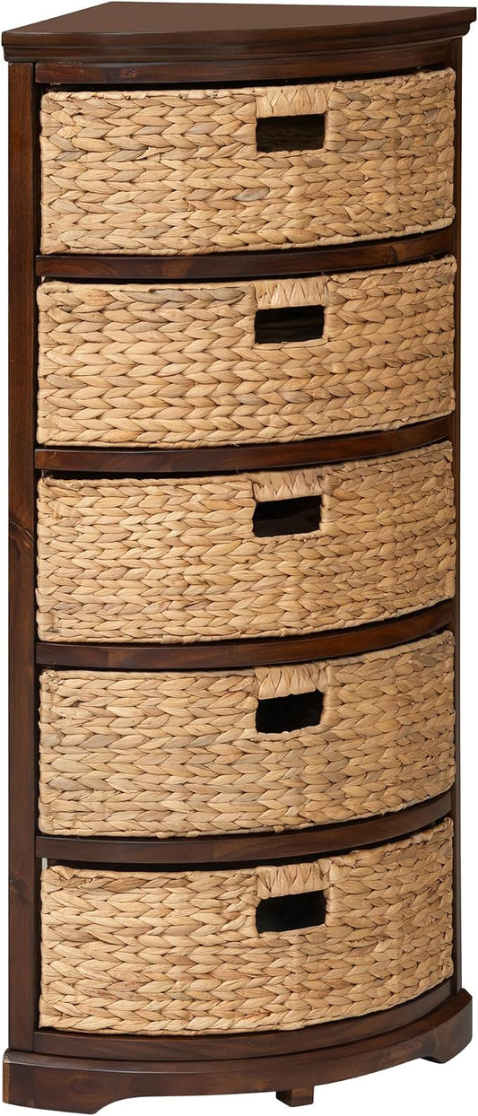 eHemco Hampton Meadows 5 Tier X-Side Corner Storage Cabinet, Walnut | 5 Wicker Baskets