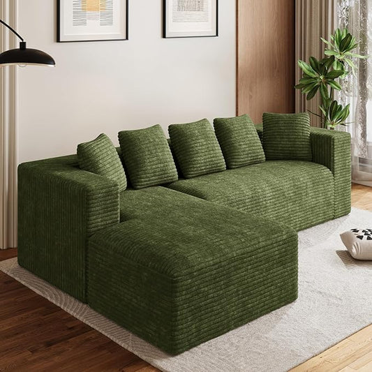 Oversized L Shaped Boneless Sectional Couches for Living Room, 107" Comfy Fluffy Cloud Modular Sectional Sofa, Plush Corduroy Memory Foam Floor Sofa with Left Facing Chaise Couch