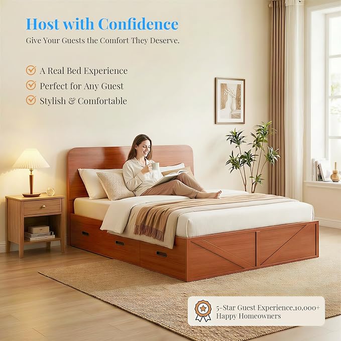 PUREMIND Murphy Bed Full with Mattress Included, Wood Cabinet Bed with Dual Storage Drawers & 2 Pillows, 3-in-1 Convertible Sofa Beds for Small Space, Guest Room, Cherry