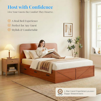 PUREMIND Murphy Bed Full with Mattress Included, Wood Cabinet Bed with Dual Storage Drawers & 2 Pillows, 3-in-1 Convertible Sofa Beds for Small Space, Guest Room, Cherry