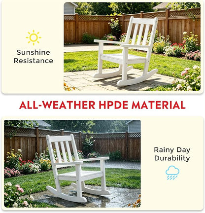 Costaelm Paradise Kids 3-Piece Outdoor HDPE Plastic Square Side Table and Rocking Chairs Set, White