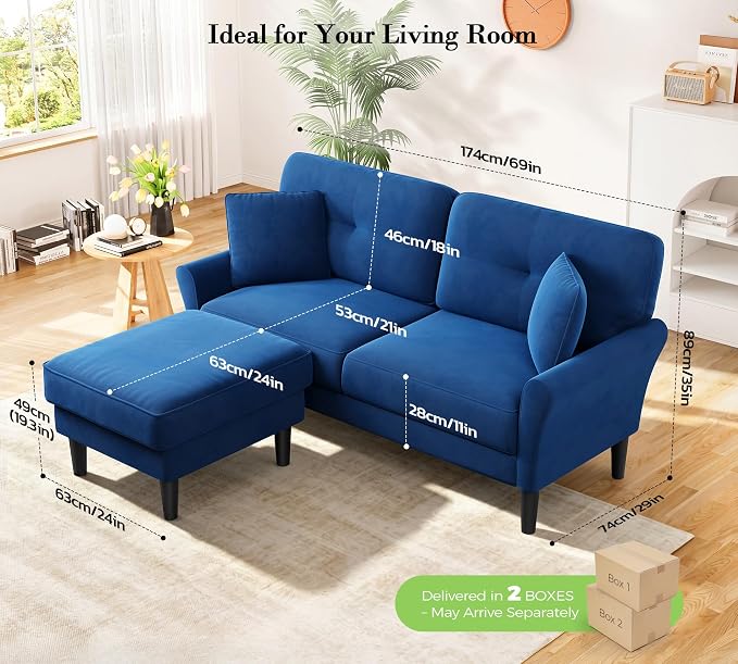 Kidirect Small Sectional Couch, 69" L Shaped Couch, Sectional Sofa, Blue | Comfy Velvet Couch, Tool-Free Setup, 750lb Max Load, Movable Ottoman, Ideal for Living Room, Bedroom, Apartment, Office