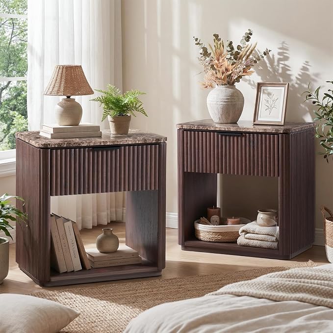 Fluted Nightstand with Faux Marble Top, Modern Bedside Table | FSC-Certified Engineered Wood, 24" H, 1 Drawer and 1 Storage Shelf, Rounded Corner, Metal Handle, for Bedroom, Dark Oak