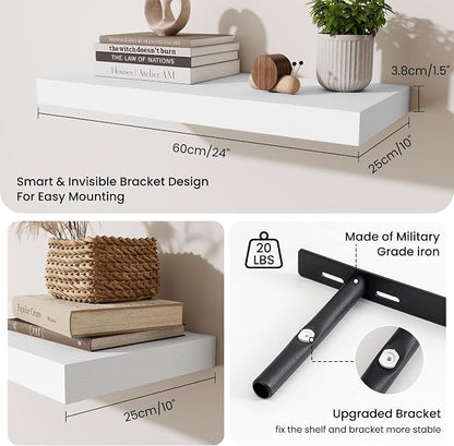 Fun Memories 24 x 10 Floating Shelves Wall-Mounted - Rustic Wood Shelf - 10 Inch Deep Floating Shelves for Wall - Large Storage Shelf for Bathroom - Kitchen & Bedroom - White - Set of 3