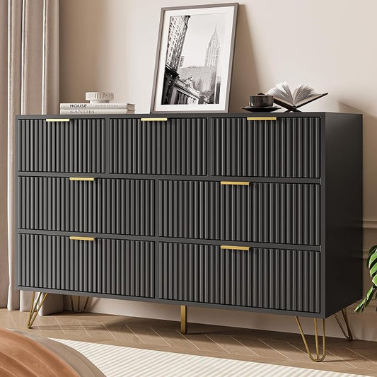 MAISONARIA Black Dresser for Bedroom, 7 Drawer Dresser with Gold Pulls, Wide Chest of Drawers for Bedroom, Entryway, 47.2" L x 15.7" D x 31.4" H