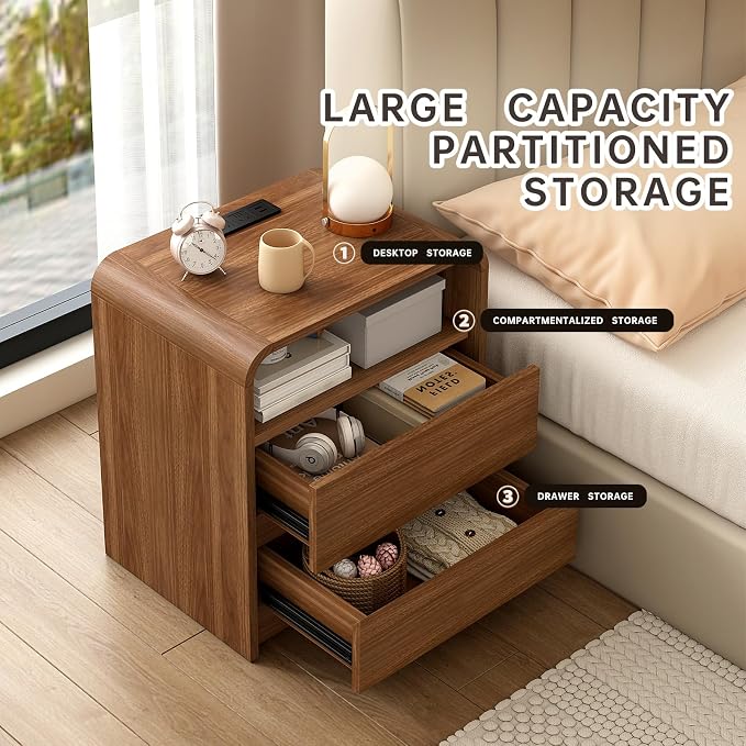 23.6" Walnut Nightstand with Charging Station, Anti-Collision Mid Century Modern Bedside Table with 500 LB Capacity, Soft Close Drawers Night Stand with Hidden Storage & Pre-Embedded Parts for Bedroom