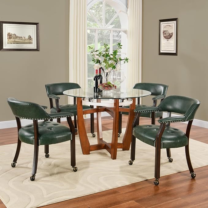 LEEMTORIG Set of 8 Large Dining Chairs with Casters and Arms, Rolling Dining Chairs with Wheels, Game Poker Chairs, Boss Caption's Chairs, 26" Dx25.2 Wx31.5 H, Espresso Legs & Green PU, XXY-1910-GN