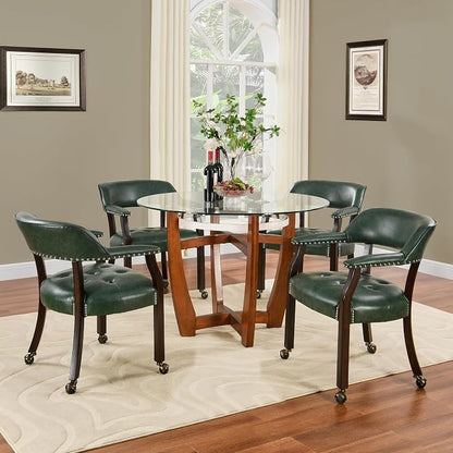 LEEMTORIG Set of 8 Large Dining Chairs with Casters and Arms, Rolling Dining Chairs with Wheels, Game Poker Chairs, Boss Caption's Chairs, 26" Dx25.2 Wx31.5 H, Espresso Legs & Green PU, XXY-1910-GN