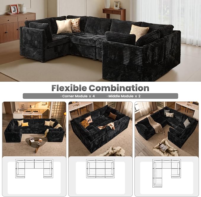 ovios Modular Sectional Sofa Couch with U-Shape Chaises Convertible, Comfy Plush Corduroy Cloud Couches, Modern Luxury Deep Seat Sofas Set for Living Room, 6-Seater, Black
