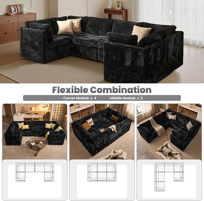 ovios Modular Sectional Sofa Couch with U-Shape Chaises Convertible, Comfy Plush Corduroy Cloud Couches, Modern Luxury Deep Seat Sofas Set for Living Room, 6-Seater, Black