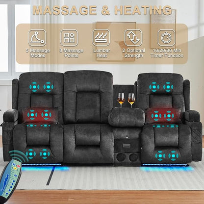 URRED Power Loveseat Recliner Sofa with Massage and Heat, Wall Hugger Reclining Loveseat with Console, RV Couch Home Theater Seating with LED Lights for Living Room (Dark Grey, 89.8" - 3 Seats)
