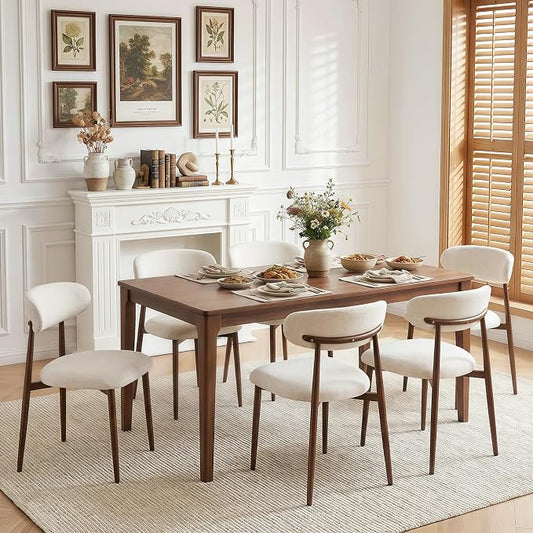 Furniliving Mid Century Modern Dining Chairs Set of 6, 300 lbs Capacity Upholstered Linen Kitchen Chairs with Walnut Grain Metal Legs and Ergonomic Curved Back, Beige(Walnut/Linen)