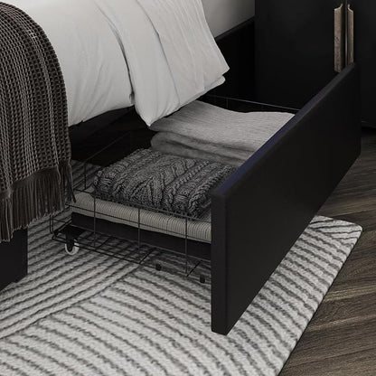 Keyluv King Size Bed Frame with RGB LED Lights & 2 Storage Drawers, Modern Upholstered Platform Bed with Iron Metal Decor, USB Charging Ports, Black
