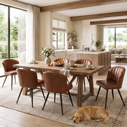 ROCITY Brown Leather Dining Chairs Set of 6 Upholstered Dining Room Chairs with Back Mid Century Modern Accent Chairs Armless Side Chairs for Kitchen/Dining Room/Living Room