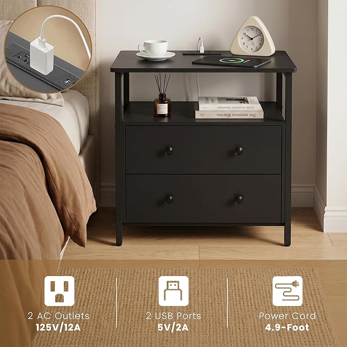 Edbuosy 27 inch Wide Nightstand Set 2 with Charging Station, Bedside Table with Open Shelf, 2 Drawers Small Wood Dresser, Modern Wood Nightstand for Bedroom/Living Room, Black