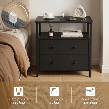 Edbuosy 27 inch Wide Nightstand Set 2 with Charging Station, Bedside Table with Open Shelf, 2 Drawers Small Wood Dresser, Modern Wood Nightstand for Bedroom/Living Room, Black