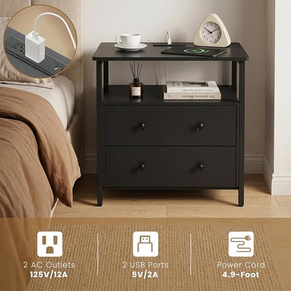 Edbuosy 27 inch Wide Night Stand with Charging Station, Bedside Table with Open Shelf, 2 Drawers Small Wood Dresser, Modern Wood Nightstand for Bedroom/Living Room, Black