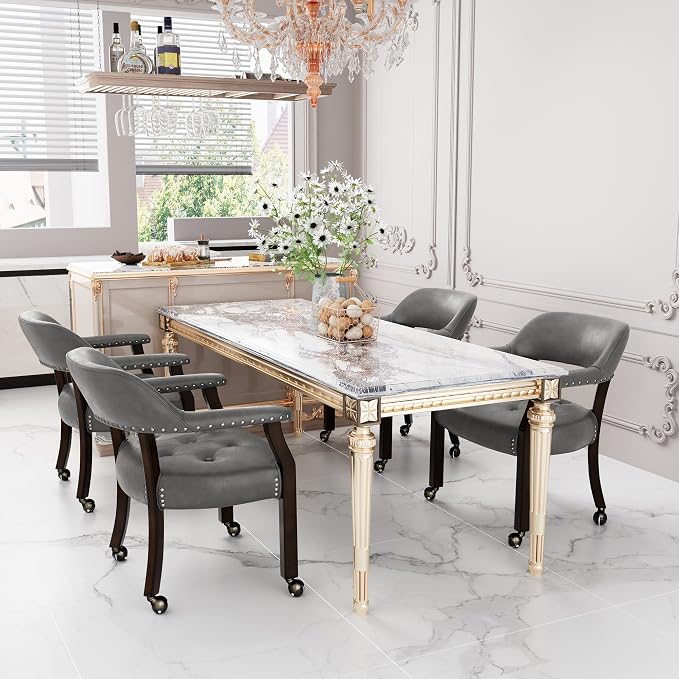 LEEMTORIG Set of 4 Large Dining Chairs with Casters and Arm, Rolling Dining Chairs with Wheel, Poker Table Chairs, Boss Caption's Chair, 26"D x 25.2"W x 31.5"H, Espresso Legs & Dark Grey, XXY-1910-DG