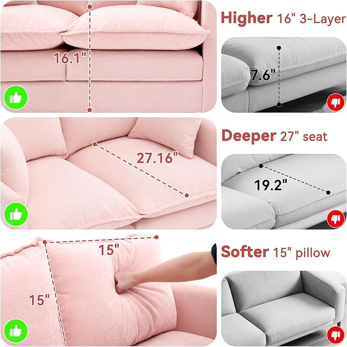 Loveseat Sofa Couch 2 Piece Set, Small Compact 50" Love Seat 27" Deep Cloud Sofa Set Washable Chenille Pillow Living Room Set for Apartment Office 8833-PINK-2+2