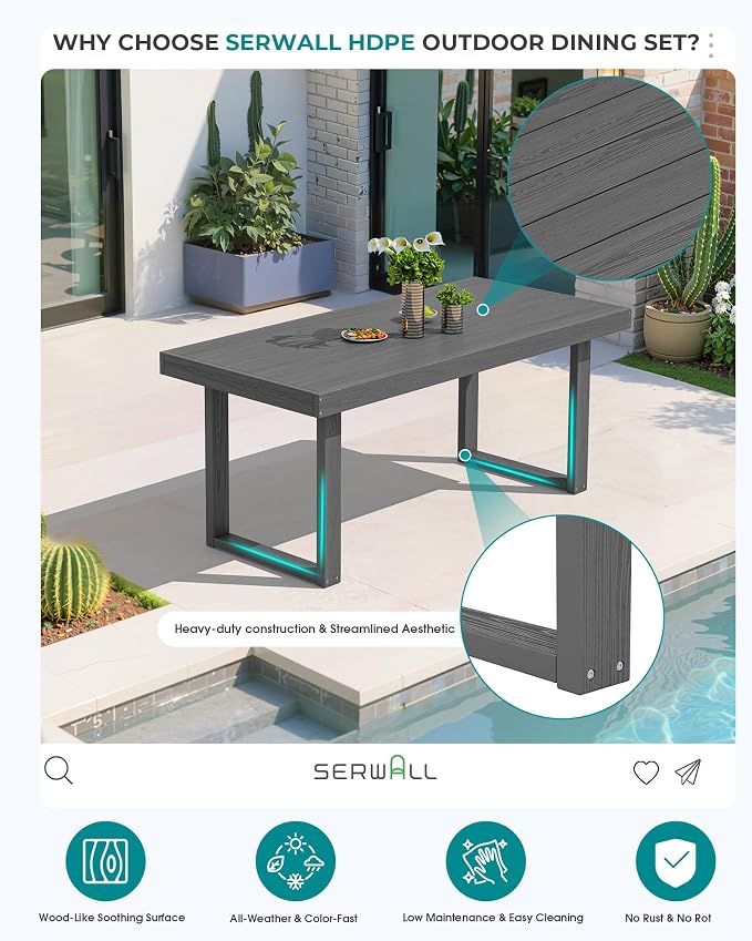 SERWALL HDPE Outdoor Dining Set for 4, 67'' Patio Table and Chairs Set | with Armless Seat