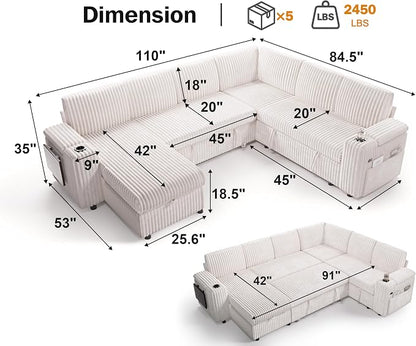 Vipbear 111" Modular Sectional Sleeper Sofa with Pull Out Bed, 7 Seat Plush Corduroy L Shaped Couch with Storage Chaise|USB Ports|Cup Holders|Side Table|Storage Armrests, Tool Free Assembly, Beige