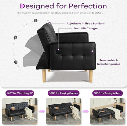 TYBOATLE Faux Leather Convertible 65'' Folding Futon Sofa Bed w/ 2 USB, Loveseat for Small Space, Apartment, Dorm, Living Room, Office, Black