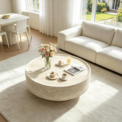 31.5" Faux Marble Round Coffee Tables, Modern Stone Coffee Tables, Fiberglass Drum Center Table, Accent Low Circle Coffee Table, Minimalist Sofa Side End Table for Living Room Apartment Office