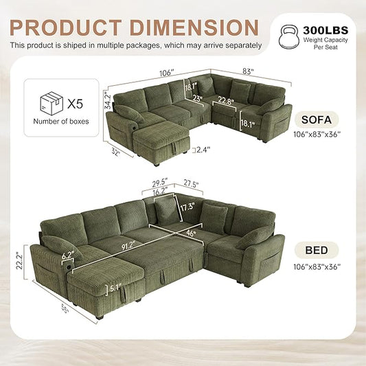 Hanherry Sectional Couch with Pull Out Sofa Bed,Corduroy Sleeper Sofa with Storage Ottoman & USB Charging,Comfy L Shaped Modular Couches for Living Room,Apartment