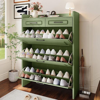 Shoe Cabinet with 3 Large Flip Drawers and 2 Storage Drawers, Narrow Shoe Organizer Cabinet Fits for Kinds of Shoes, Hidden Shoe Storage Cabinet for Entryway, Hallway, Green