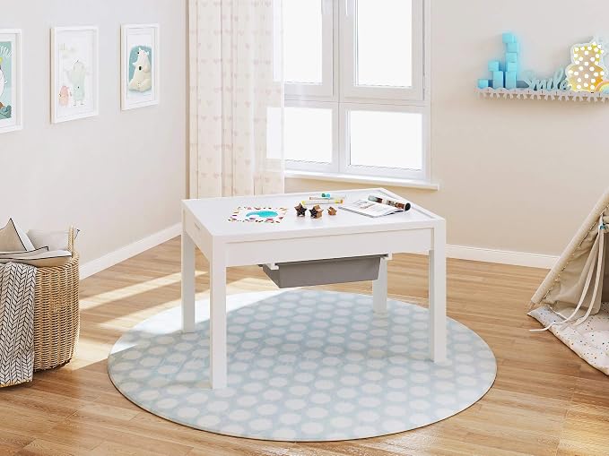 Large 2 in 1 Kid Activity Table with Storage, Play Table for Kids, Boys,Girls,White, 32.2"W x 22.2"L x 20"H, Ages 3+