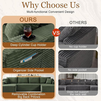 125" Modular Sectional Sleeper Sofa, Boneless Cloud Couch for Living Room, U Shaped 5 Seat Sofa with 2 Storage Pockets& 2 Cup Holders, Free Combination, No Assembly Required (Green, 125")