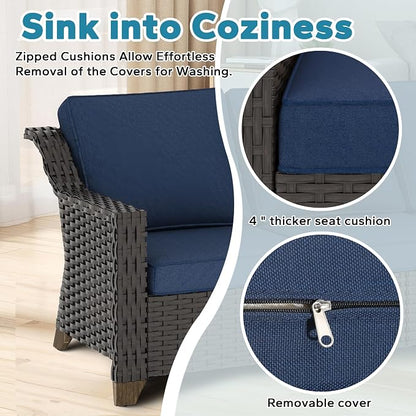 5 Pieces Outdoor Conversation Furniture Set - 77" Patio Sofa, 2 Swivel Rocker Chairs, 1 Side Table, 1 Metal Table, Patio Wicker Couch Set with Washable Cushions for Porch (Navy Blue)