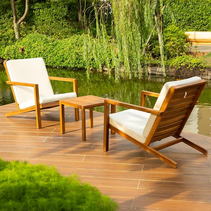 IDZO Natural 3-Piece Patio Bistro Sets with Foldable 400lbs Weight Chairs, a 220lbs Shelf Table, Made from FSC-Certified Acacia Wood, Featuring Washable Cushions and an Ergonomic Design