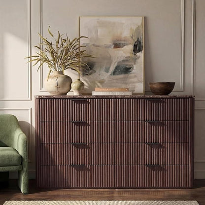 Dresser for Bedroom with 8 Drawers, 54"W Chest of Drawers, Fluted Dresser with Faux Marble Top, Curved Profile Design, Metal Handle, Wood Closet Storage Organizer for Living Room, Hallway, Dark Oak